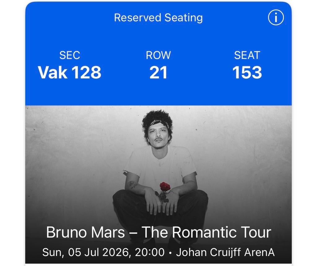 Bruno Mars 1x Premium Zitplaats Johan Cruijff Arena, Eén persoon, Juli