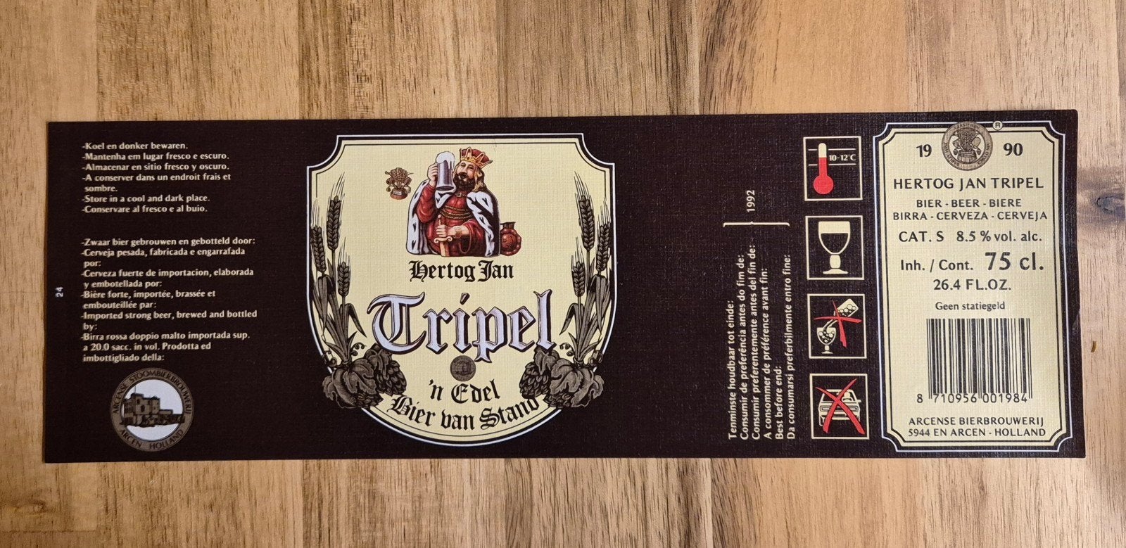 Hertog Jan Tripel Bieretiket - 75 cl, 8.5% alc., Verzamelen, Ophalen of Verzenden, Gebruikt, Overige typen, Hertog Jan