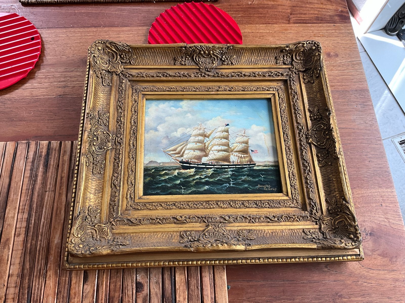 Klein schilderij zeilschip Jean le Loup - Maritiem kunstwer, Realistisch, Ophalen of Verzenden, Gesigneerd, Olieverf