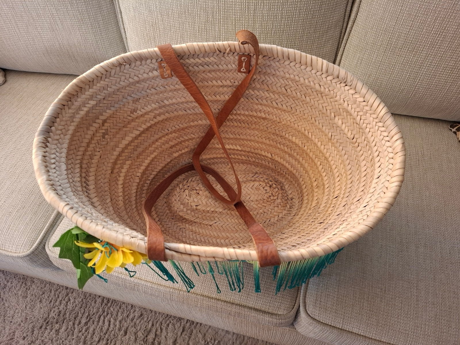 Grote rieten tas met franjes en bloemdecoratie, Ophalen, Overige kleuren, Shopper
