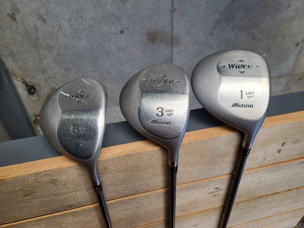 Mizuno Widec golf woods set (1, 3, 5) graphite shaft R flex, Ophalen, Gebruikt, Set, Mizuno