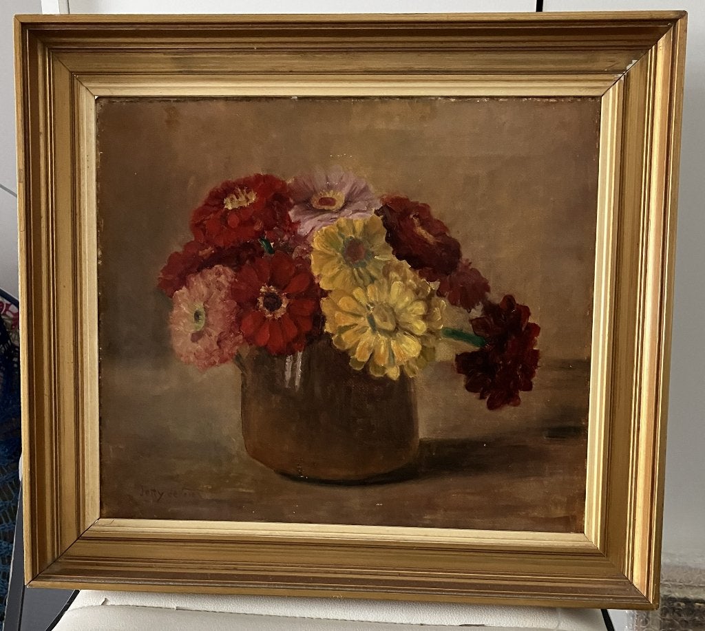 SCHILDERIJ VAN JETTY DE VRIES, VERMOORD IN AUSCHWITZ 1942, Bloemen, Doek, Ophalen of Verzenden, Bijzondere lijst