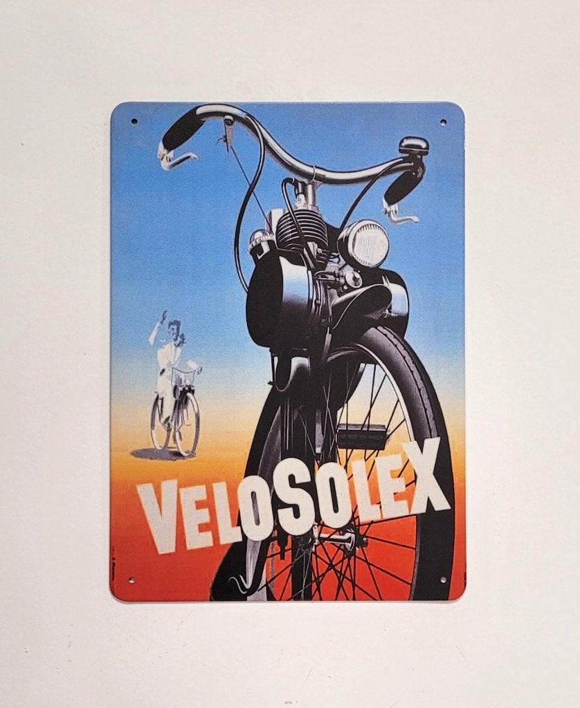Velo Solex blauw oranje reclamebord van metaal wandbord deco, Reclamebord, Info@deconoord.nl, Deco Noord, Nieuw
