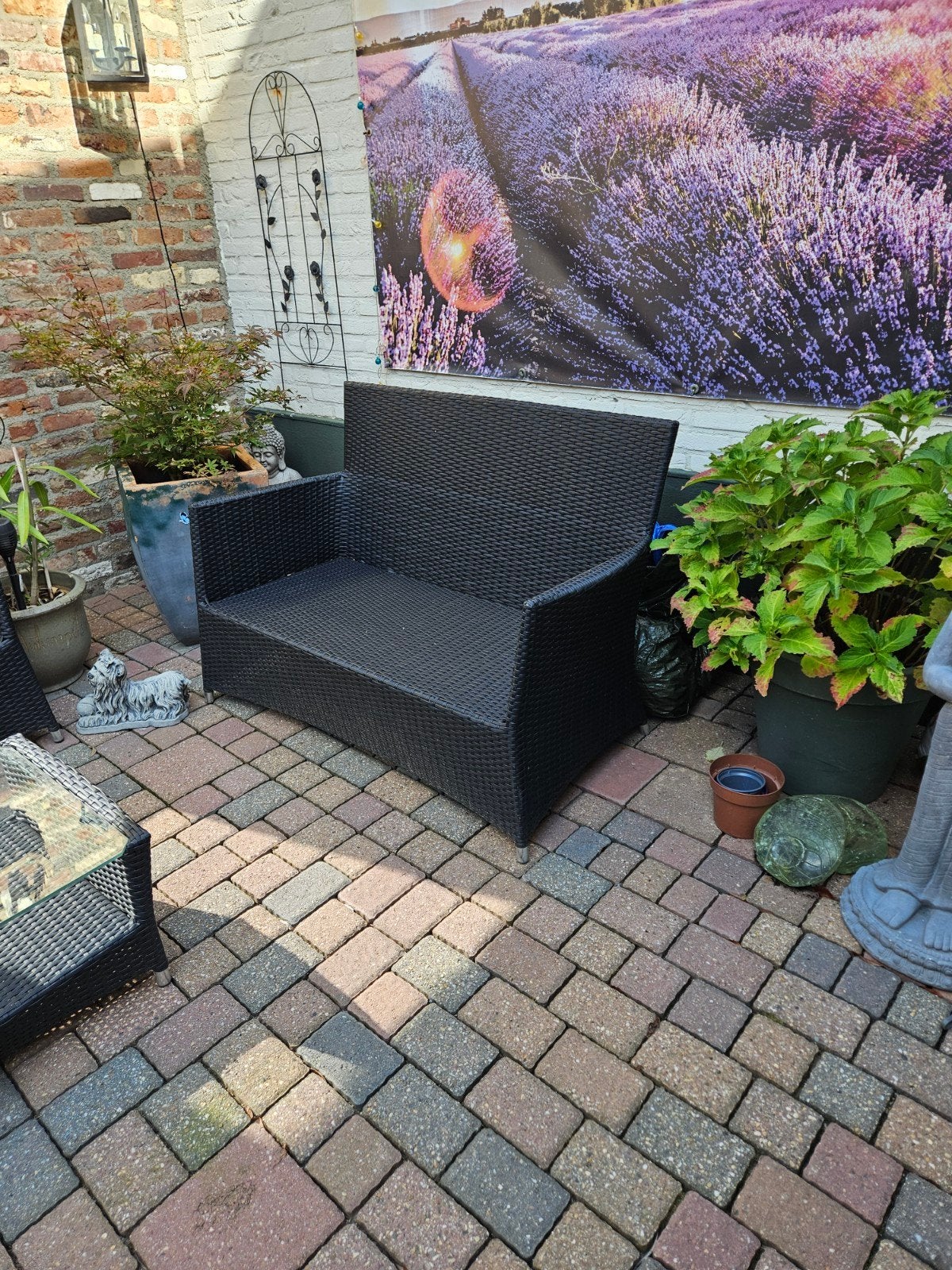 Zwarte Wicker Loungeset -met kussens in goede staat, Tuin en Terras, Ophalen, 4 zitplaatsen, Loungeset, Wicker