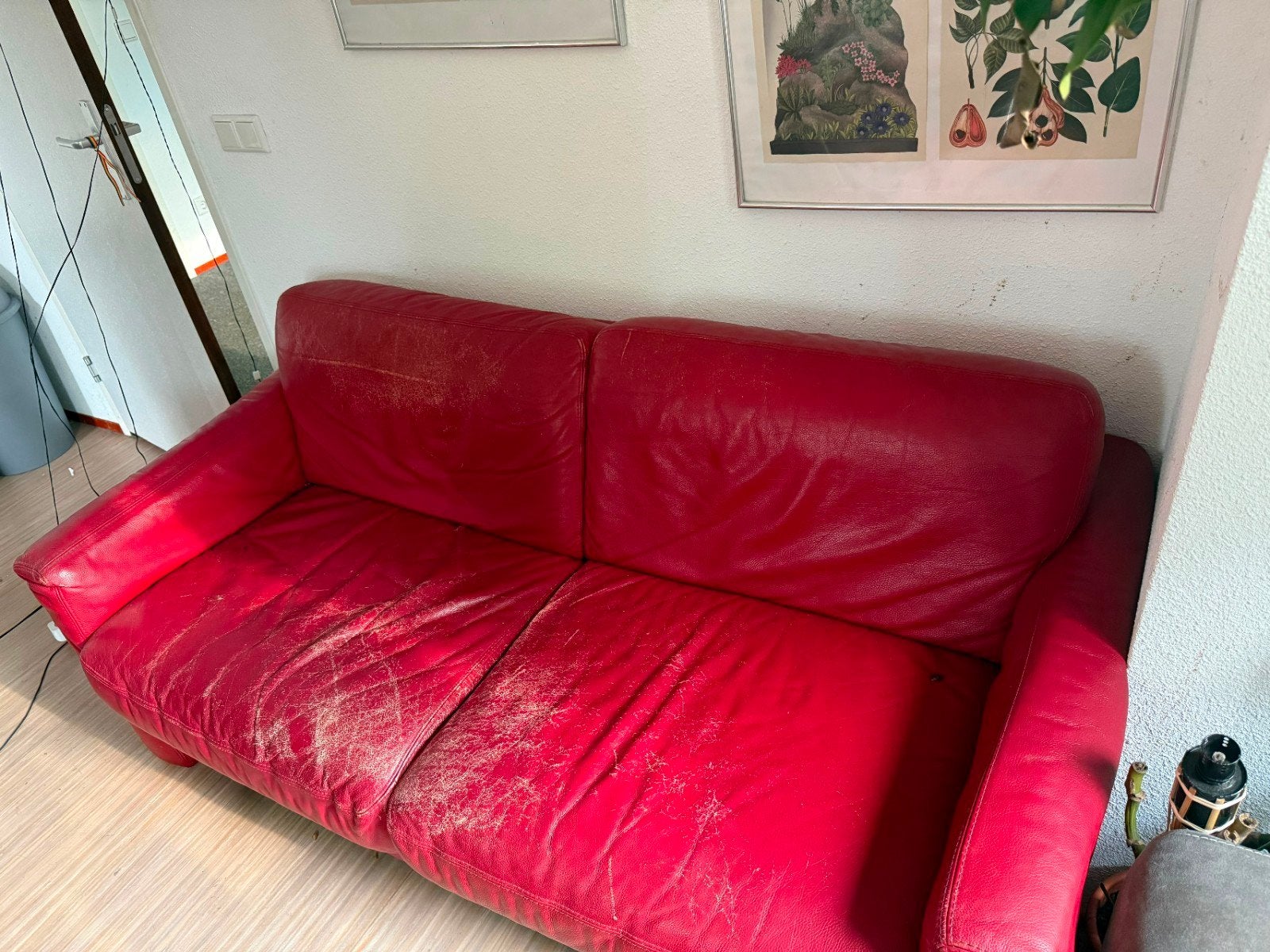 Rode leren bank, Huis en Inrichting, Ophalen, Gebruikt, 150 tot 200 cm, Driepersoons