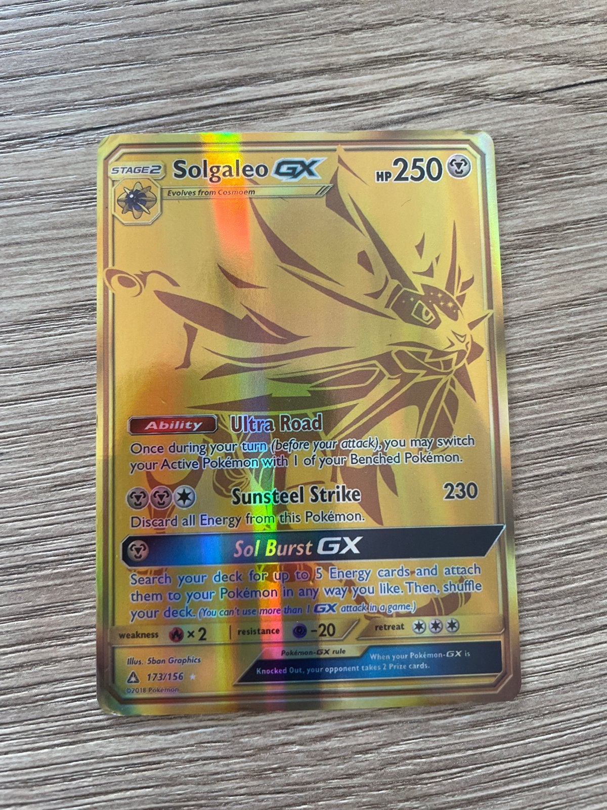 Pokémon Kaart Solgaleo GX Gold Secret Rare 173/156, Ophalen of Verzenden, Zo goed als nieuw, Losse kaart, Foil