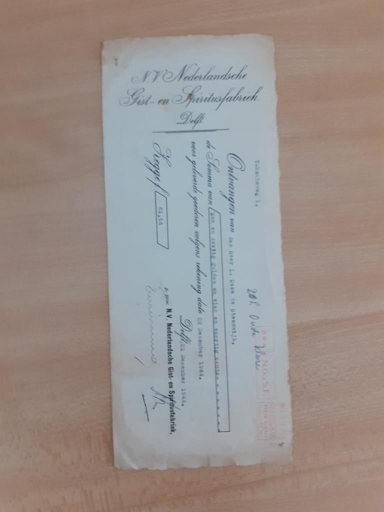 Delft Nederlandsche Gist- en Spiritusfabriek  wissel 1944, Ophalen of Verzenden, Gebruikt, Overige typen