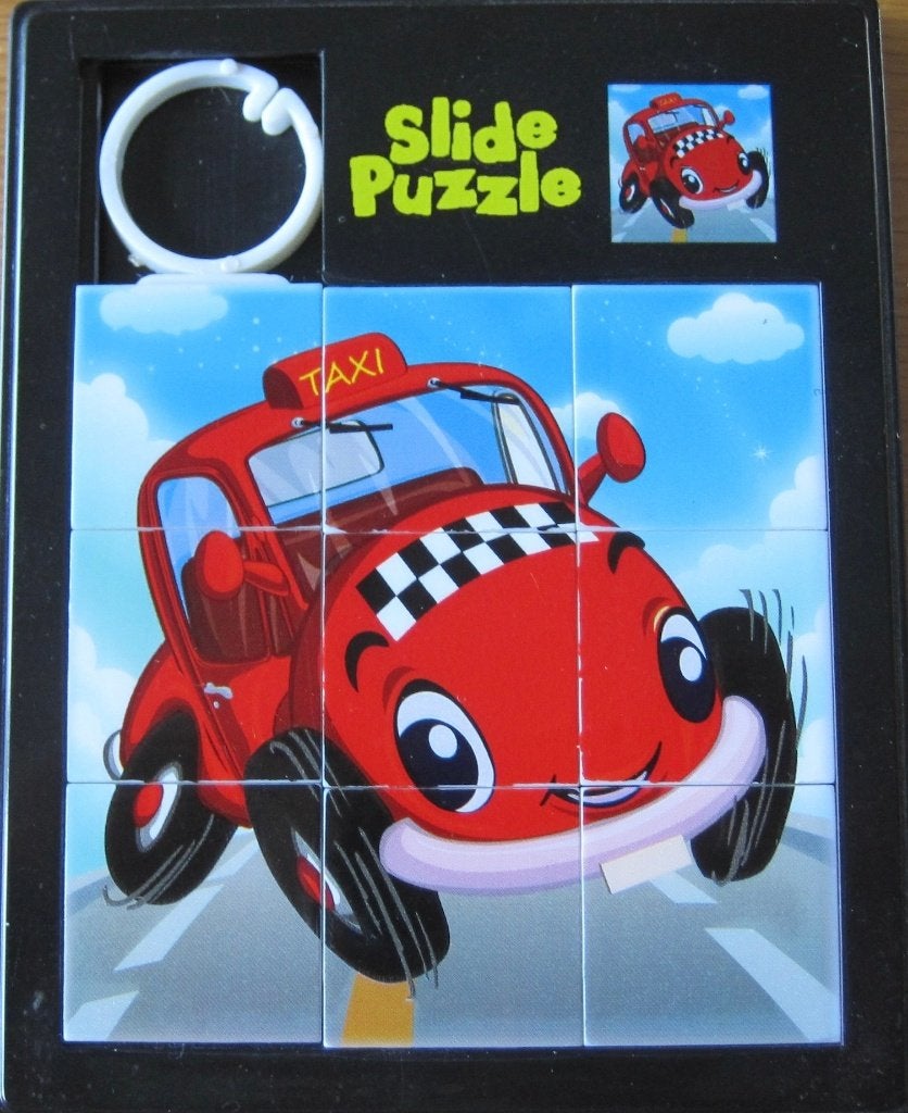 schuifspelletje - schuifpuzzel met vrolijke rode taxi, Ophalen of Verzenden, Minder dan 500 stukjes, Nieuw, Overige typen