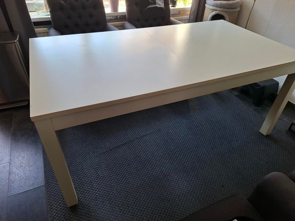 Gebruikte maar nette witte uitschuifbare houten eettafel, Huis en Inrichting, Tafels | Eettafels, Ophalen, Overige materialen