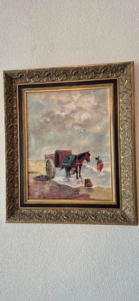 Schilderij met paard en kar op het strand, Ophalen of Verzenden
