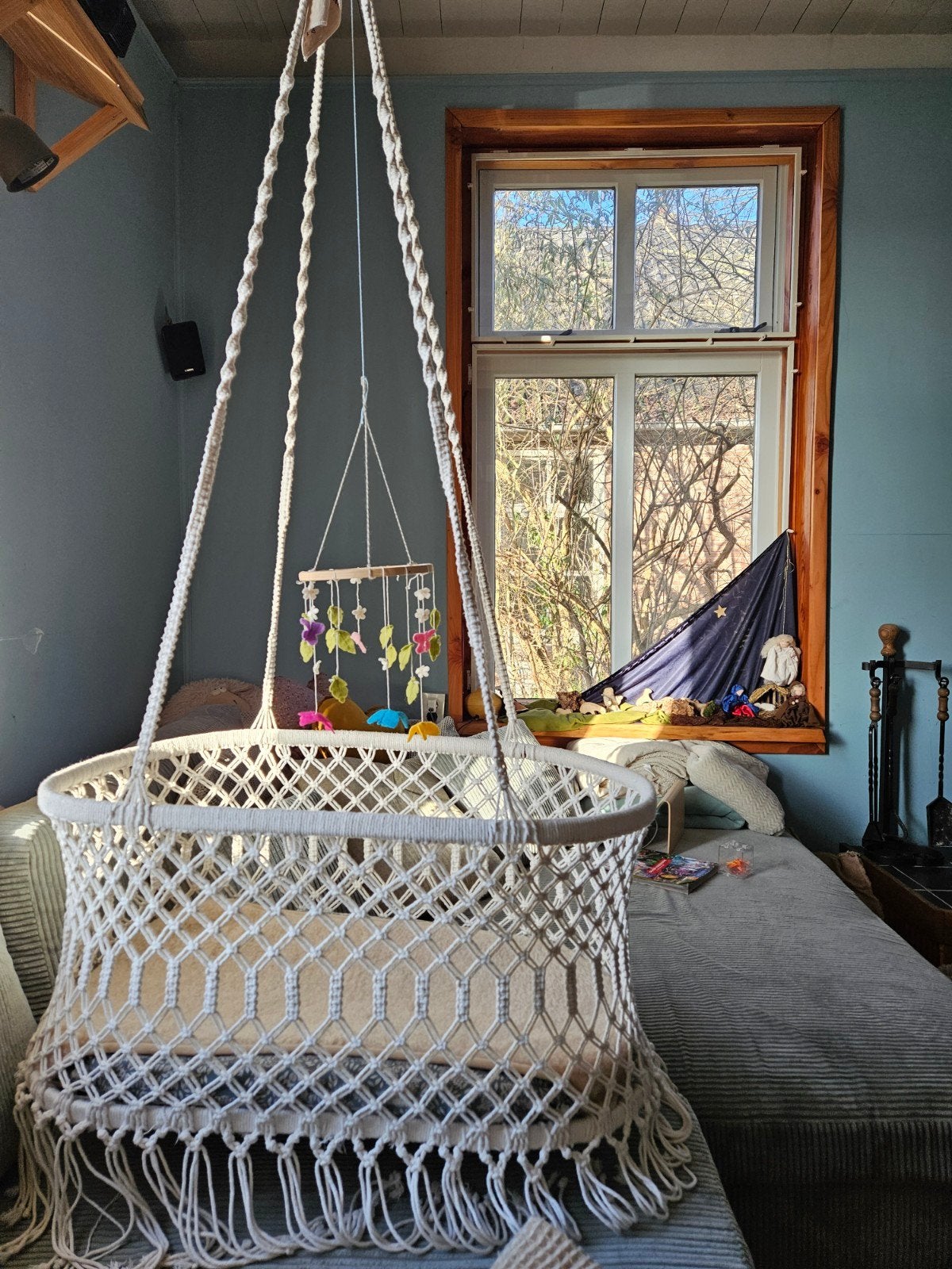 macrame, boho hangwiegje inclusief beddengoed en wolletjes, Ophalen, Gebruikt, Wieg