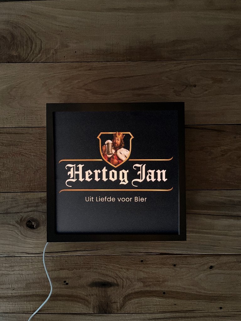 Lichtbak Hertog Jan bier logo reclamebord, 25x25cm, verlicht, Verzamelen, Ophalen of Verzenden, Nieuw, Lichtbak of (neon) lamp