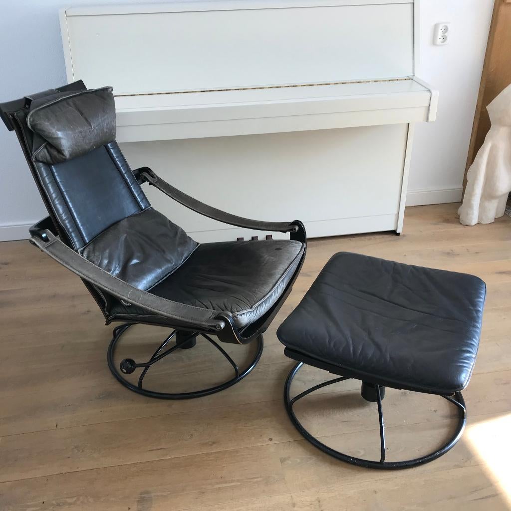 Vintage Nelo Sweden fauteuil en voetenbank Ake Fribyter, Gebruikt, 75 tot 100 cm, Ophalen of Verzenden, Nvt