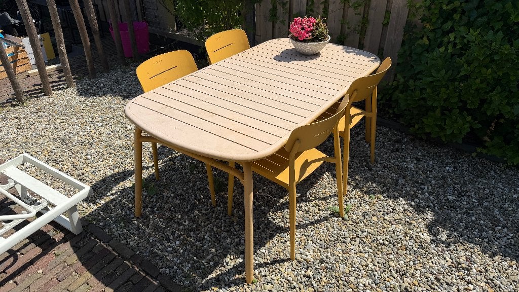 Lanterfant tuintafel met 4 stoelen – Geel, Tuin en Terras, Ophalen, Gebruikt, Rechthoekig, Aluminium