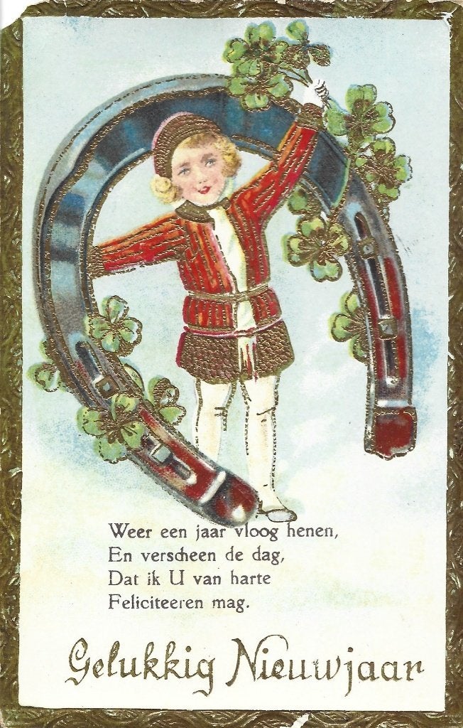 Gelukkig Nieuwjaar*Goudopdruk*Meisje in hoefijzer*Rijmpje, Ophalen of Verzenden, 1920 tot 1940, Gelopen, Feest(dag)