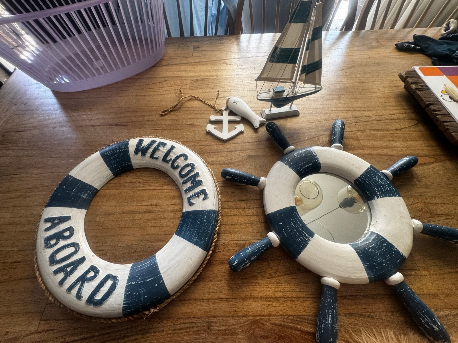 Nautische decoratie set: spiegel, reddingsboei, bootje, anke, Ophalen, Hout, Gebruikt, Meerkleurig