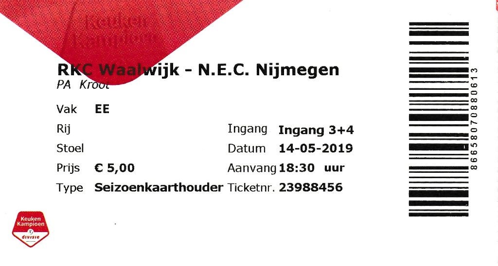 Ticket:RKC Waalwijk v NEC NIjmegen 14-05-2019., Verzenden, Overige binnenlandse clubs, Overige typen