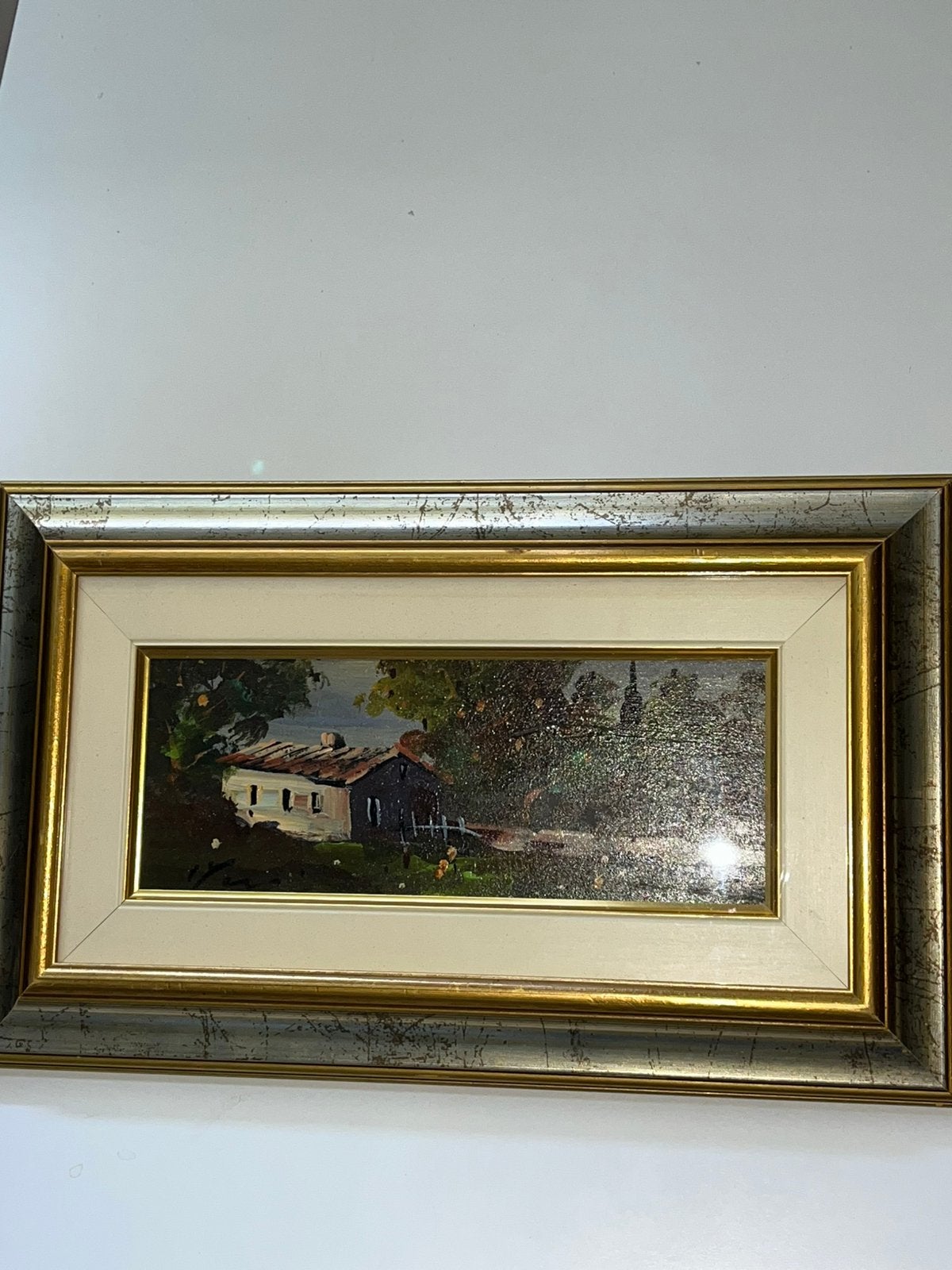 Gesigneerd miniatuur olieverf schilderijtje hoeve gekaderd, Ophalen of Verzenden
