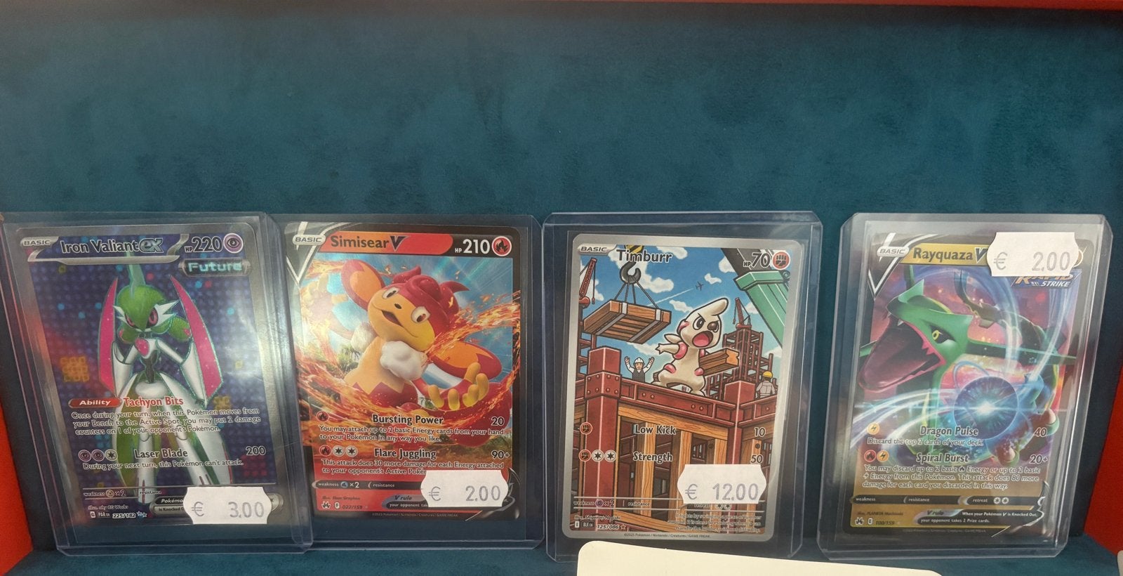 Pokémon Kaarten: Iron Valiant, Simisear, Timburr, Rayquaza, Ophalen of Verzenden, Gebruikt, Meerdere kaarten