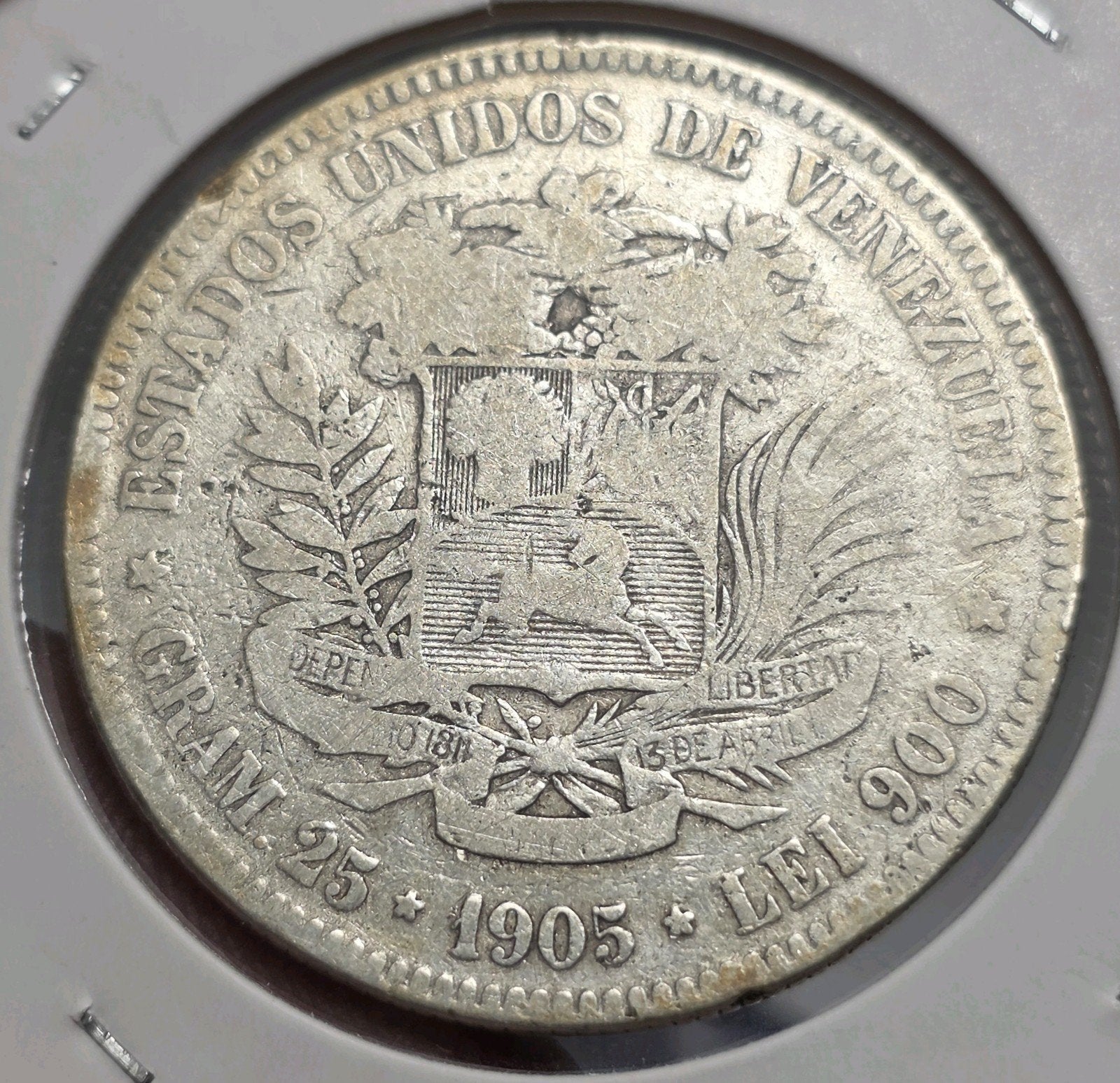 5 Bolivar 1905 Venezuela, Verzenden, Zuid-Amerika, Losse munt, Zilver
