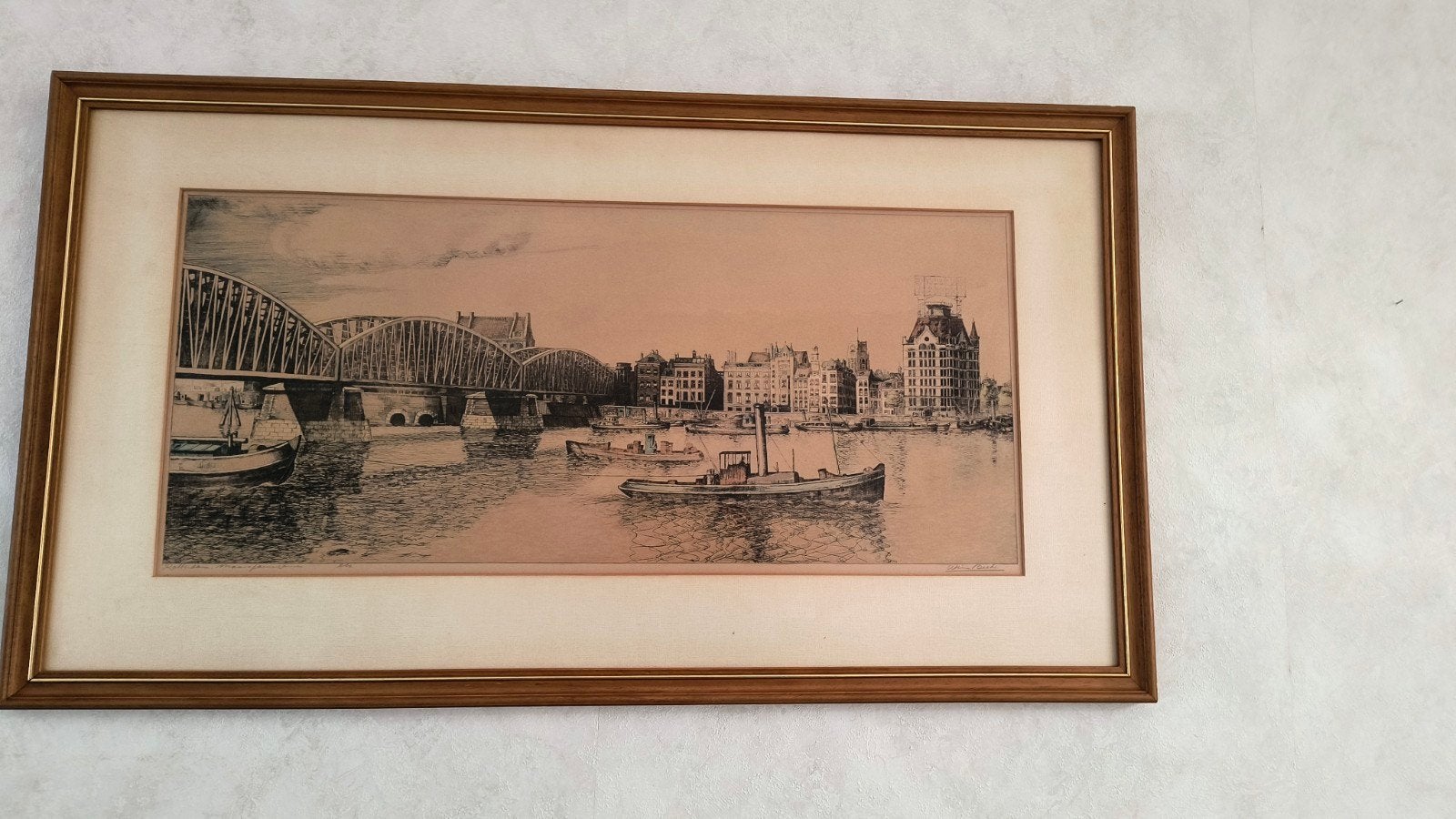 Te koop Ets van Rotterdam kunstenaar Wim Beeke, Antiek en Kunst, Kunst | Etsen en Gravures, Ophalen, Ingelijst, Ets, Stadsgezicht