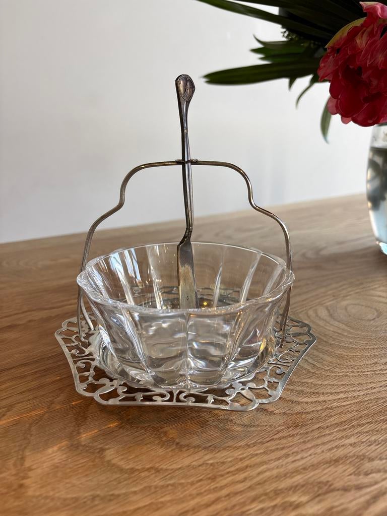 Glazen botervloot met zilverkleurige houder en mesje, Antiek en Kunst, Ophalen