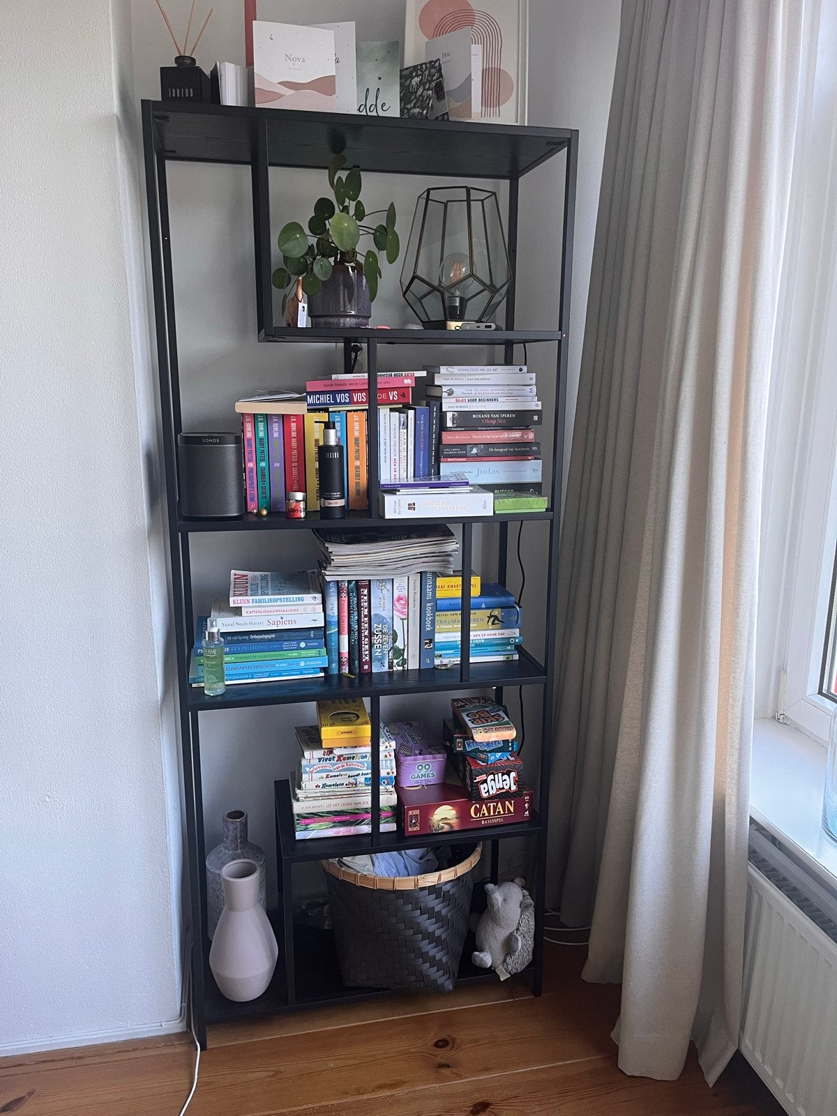 Zwart metalen open boekenkast met 5 planken, Ophalen, Met plank(en), 200 cm of meer, 50 tot 100 cm