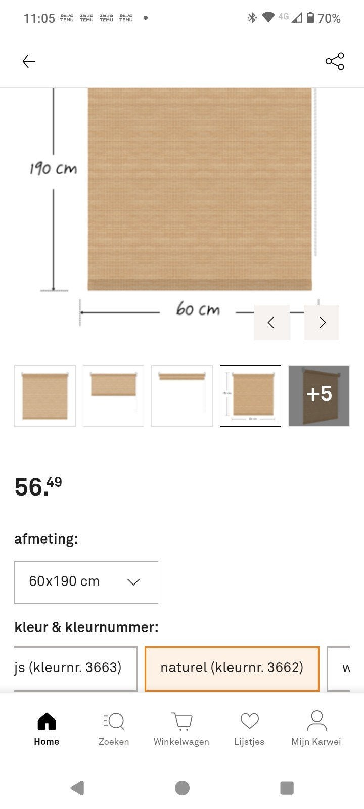 Rolgordijn naturel 60x190 cm, Ophalen, Bruin, 190 cm, Lichtdoorlatend