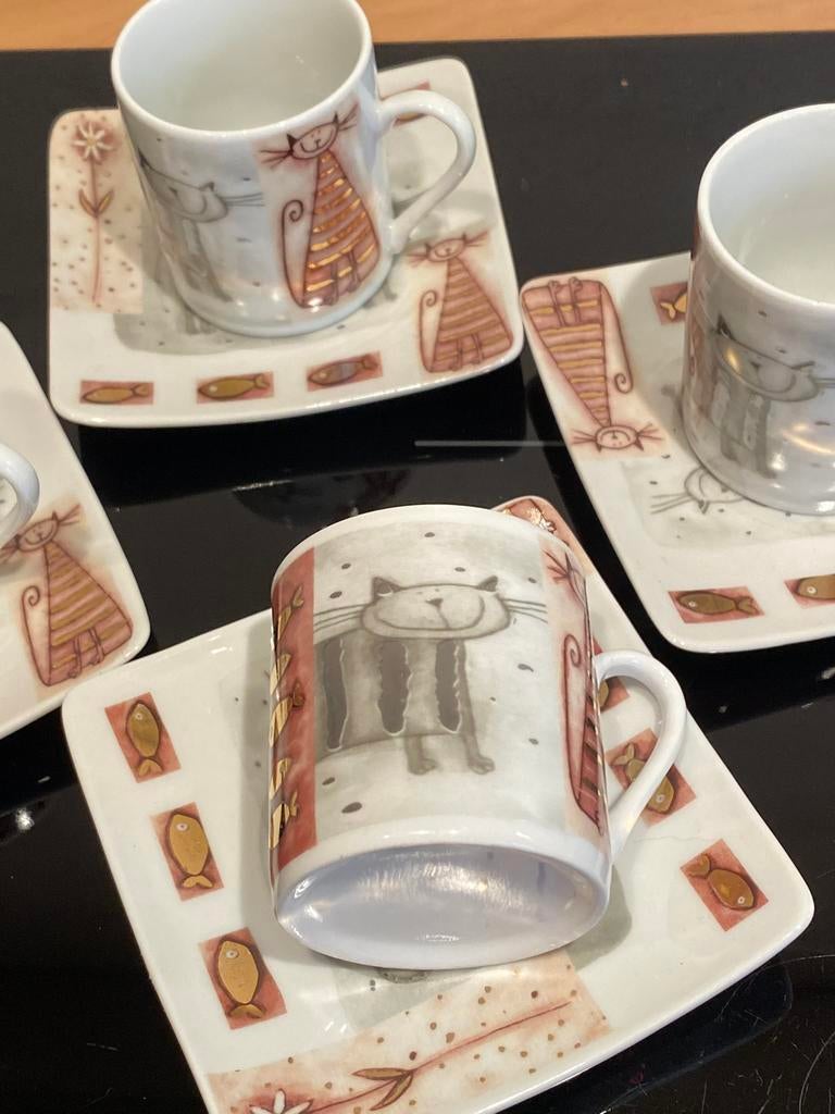 4x kop en schotels kattendesign, Ophalen of Verzenden