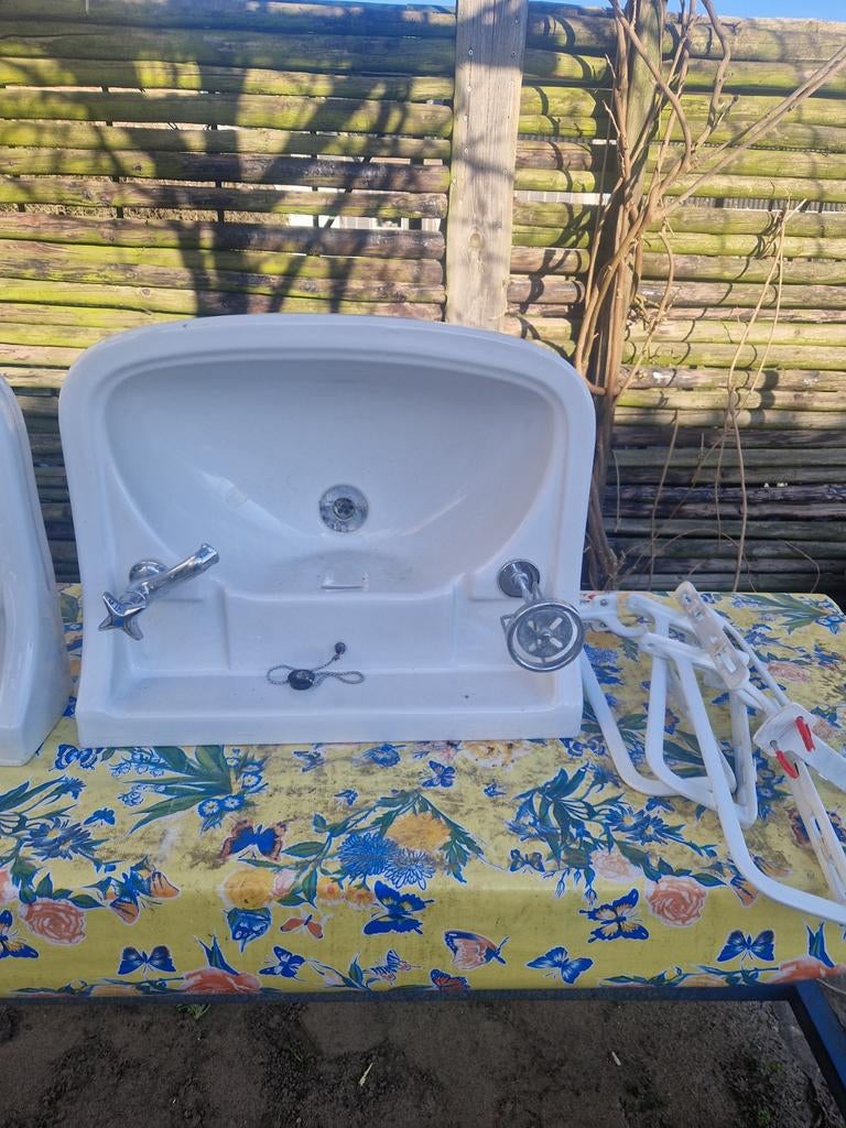 Vintage wastafel met marmeren blad en spiegel, Ophalen, Gebruikt, Wit, Overige typen