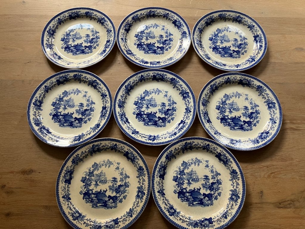 8 antieke Wedgwood Etruria borden 23 cm blauw transferware, Ophalen of Verzenden