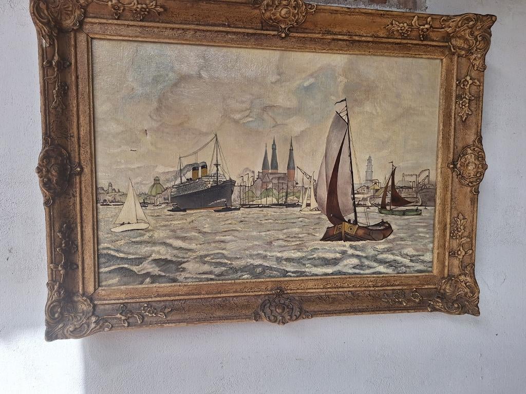 Schilderij Amsterdamse haven, Ophalen of Verzenden
