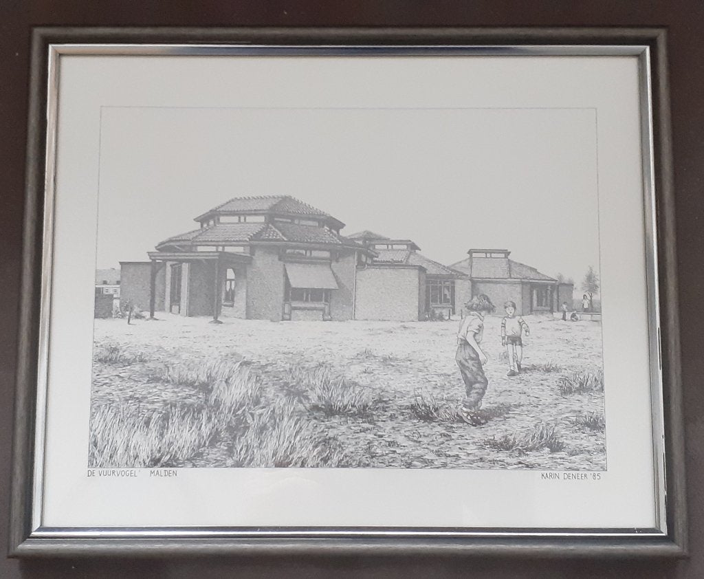 Tekening Ets Gravure Basisschool De Vuurvogel 1 Malden, Ophalen of Verzenden, Ingelijst