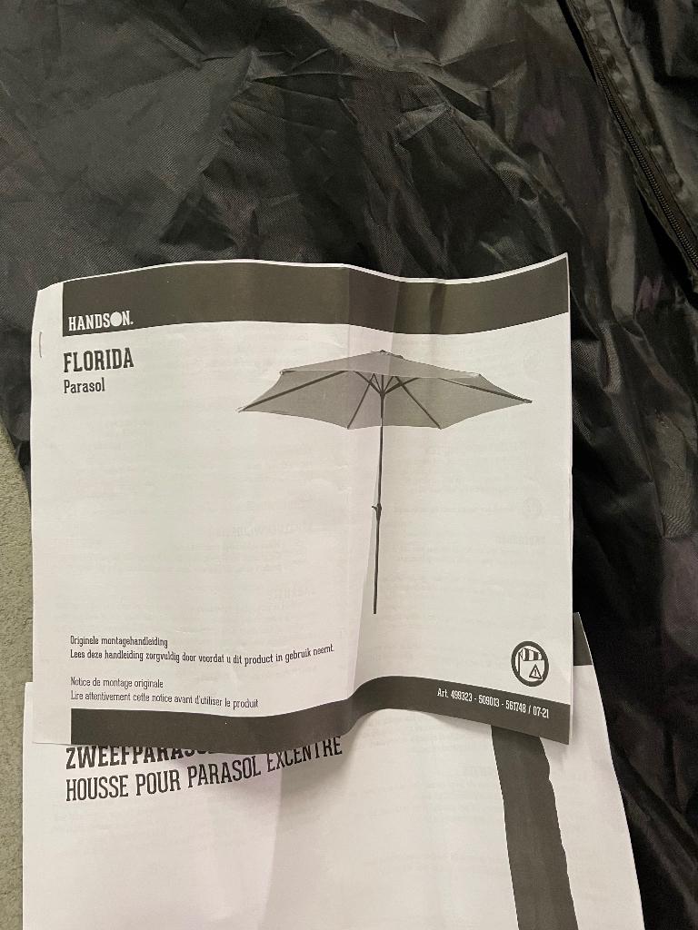 Parasol Handson Florida antraciet H238 D270 met hoes, Ophalen, Verstelbaar, 2 tot 3 meter, Zo goed als nieuw