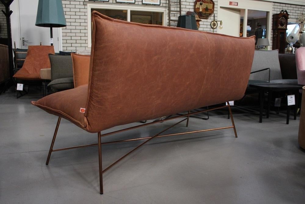 Luxe eetkamerbank Vidar Jess design metaal leer cognac koper, Ophalen, Bruin, Zo goed als nieuw, Vijf, Zes of meer stoelen