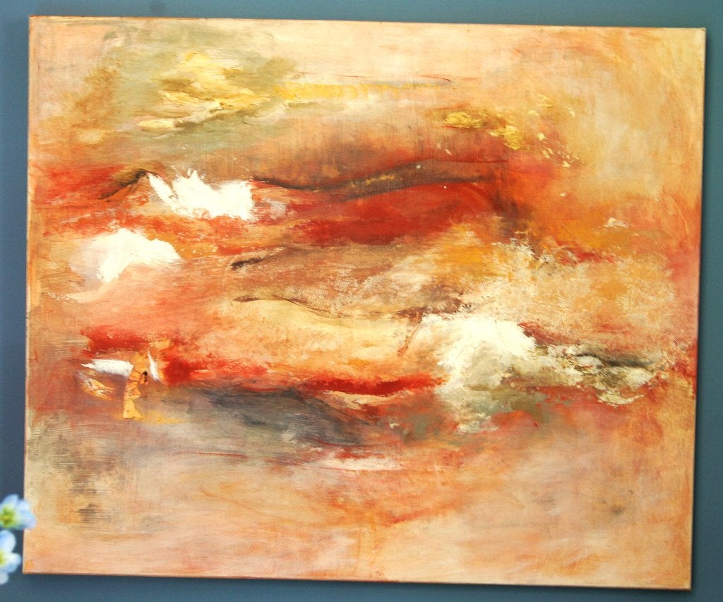 Groot abstract schilderij warme aardtinten rood en goud, Ophalen