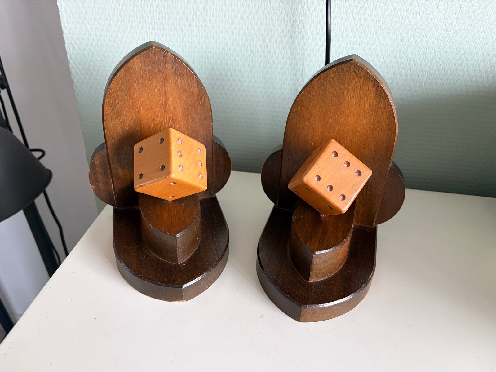 Vintage houten boekensteunen met dobbelsteen design, Ophalen of Verzenden