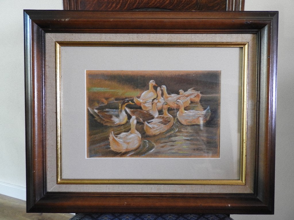 Krijttekening eendjes in het water - Gesigneerd - G. Thumann, Antiek en Kunst, Paneel, Expressionistisch, Dieren, Ophalen of Verzenden