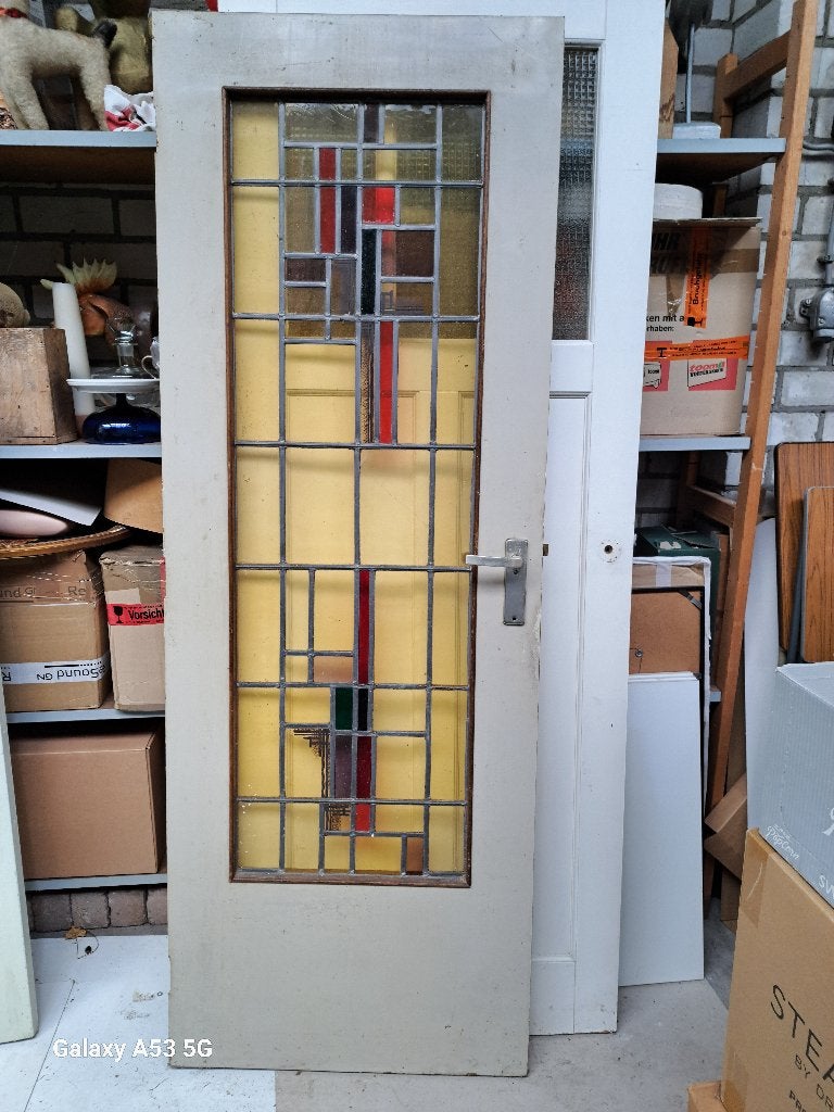 Glas in lood deur vintage, Ophalen, Gebruikt, Binnendeur, 200 tot 215 cm