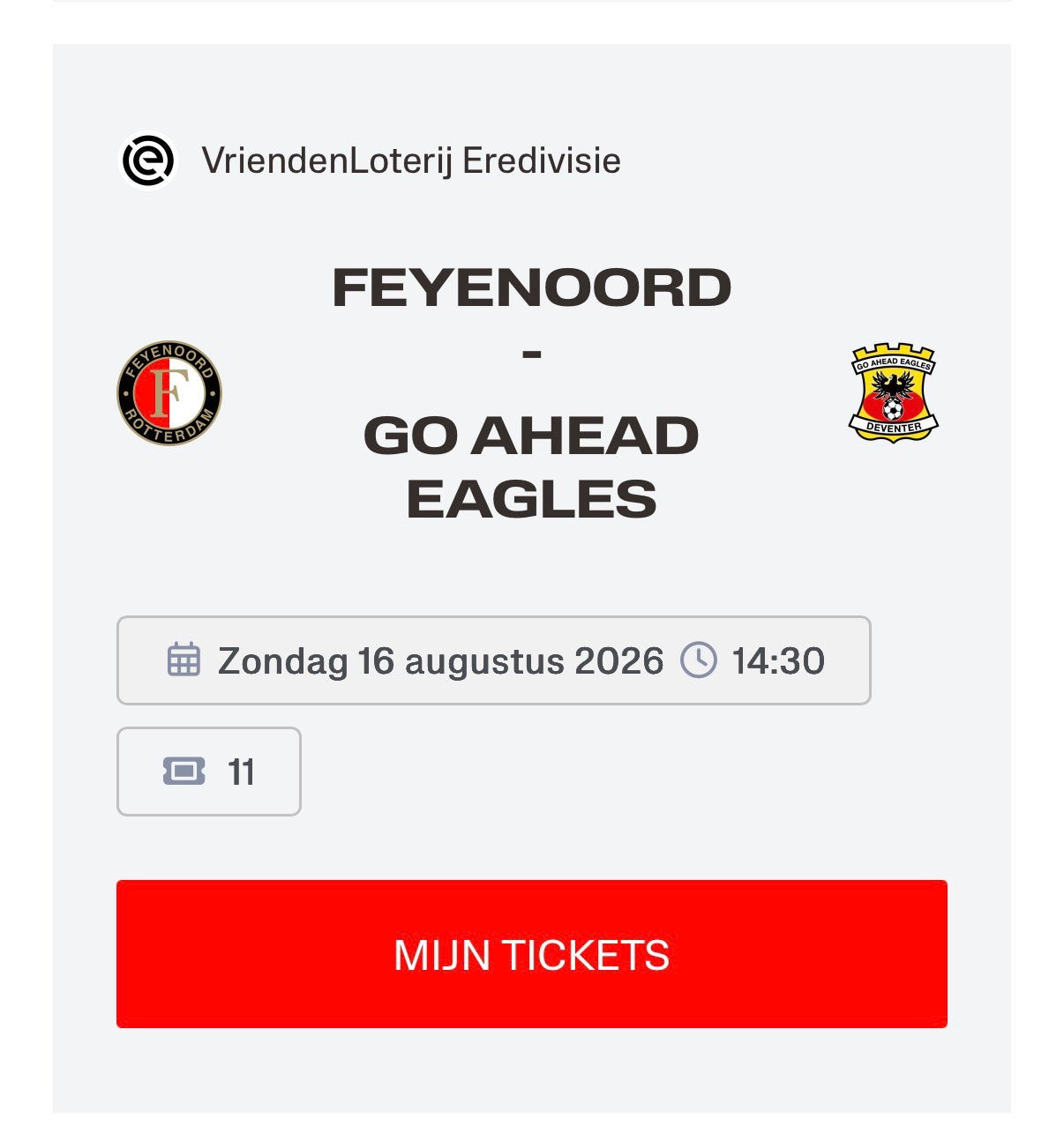 Te koop 3 kaarten Feyenoord Go Ahead Eagles jongerenvak Y1, Losse kaart, Drie personen of meer, Augustus