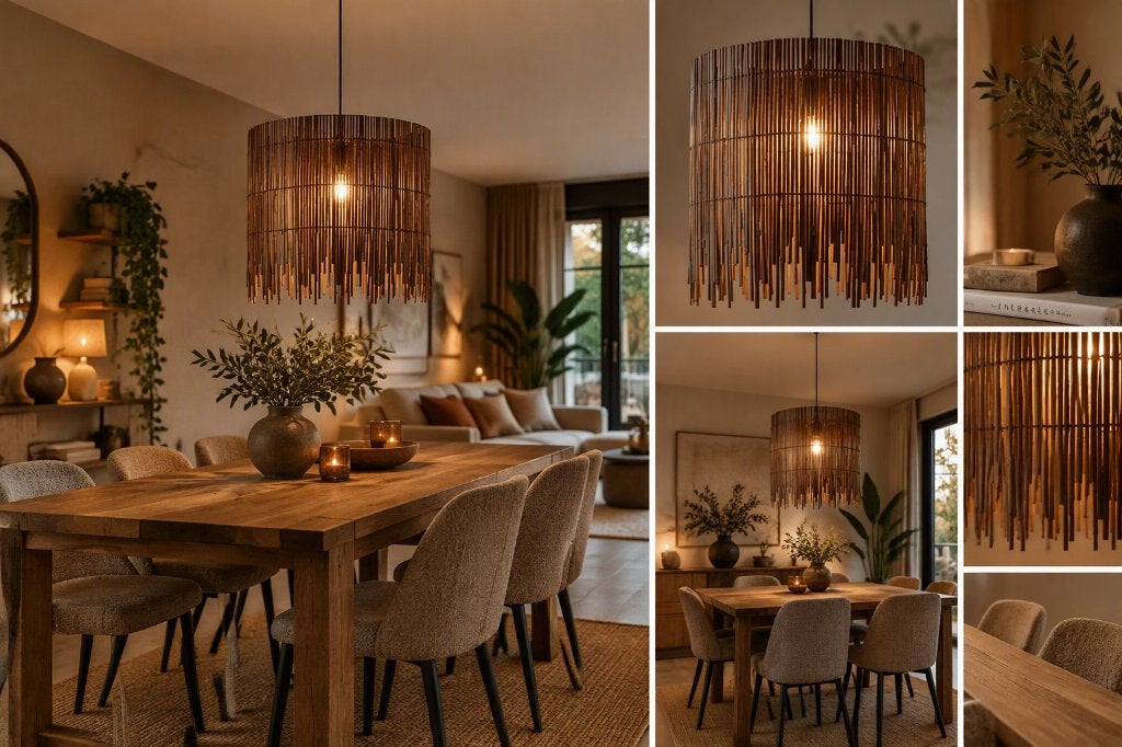 Bruine bamboe houten hanglamp, Ophalen, Zo goed als nieuw, Hout, E27 (groot)
