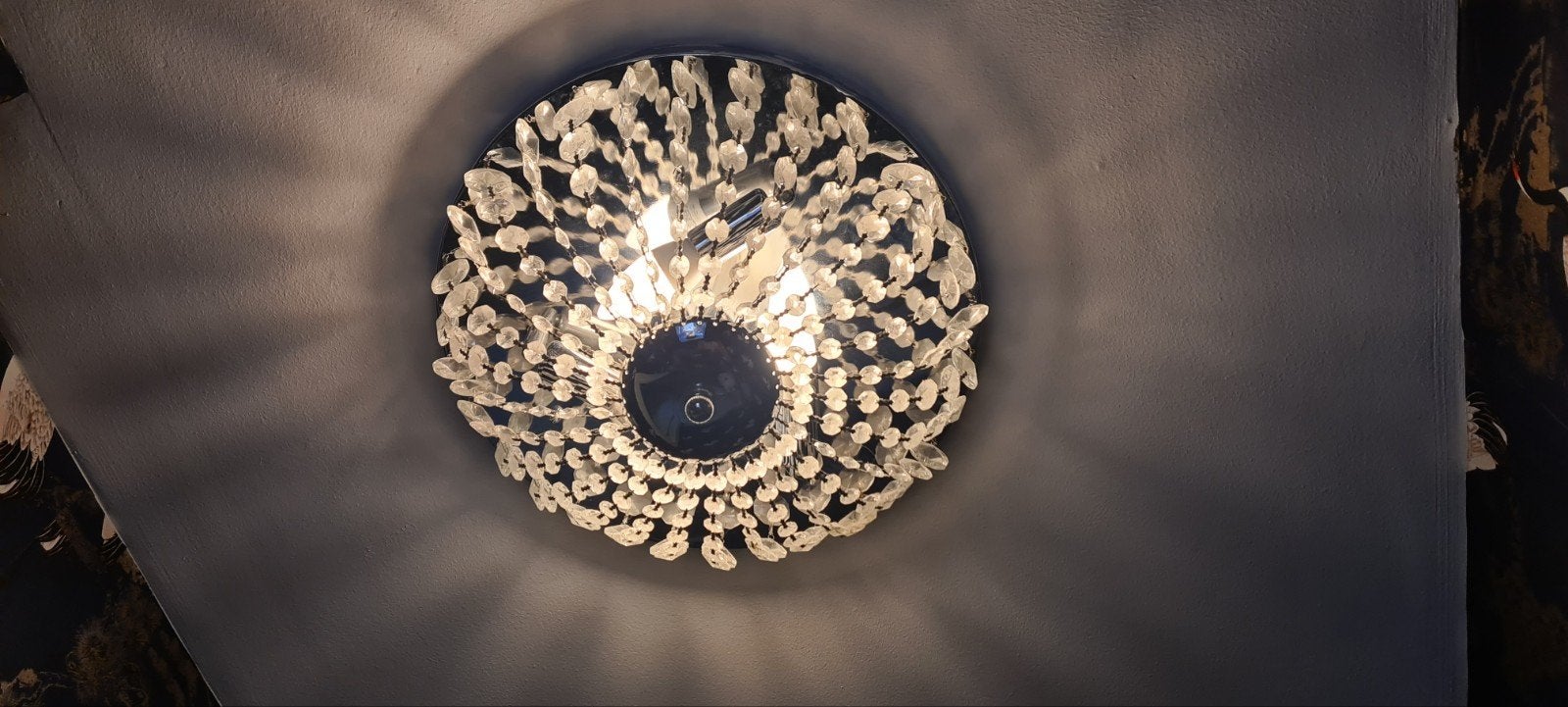 Prachtige plafonnière met kristallen, Huis en Inrichting, Lampen | Plafondlampen, Zilver, Modern, Ophalen of Verzenden, Zo goed als nieuw