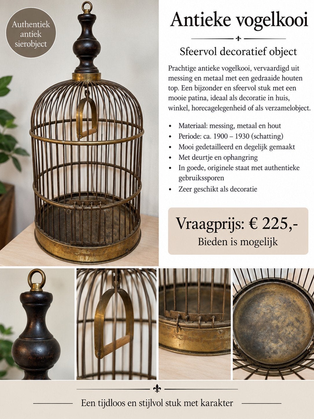 Antieke Vogelkooi - Messing & Hout - Decoratief Object, Ophalen