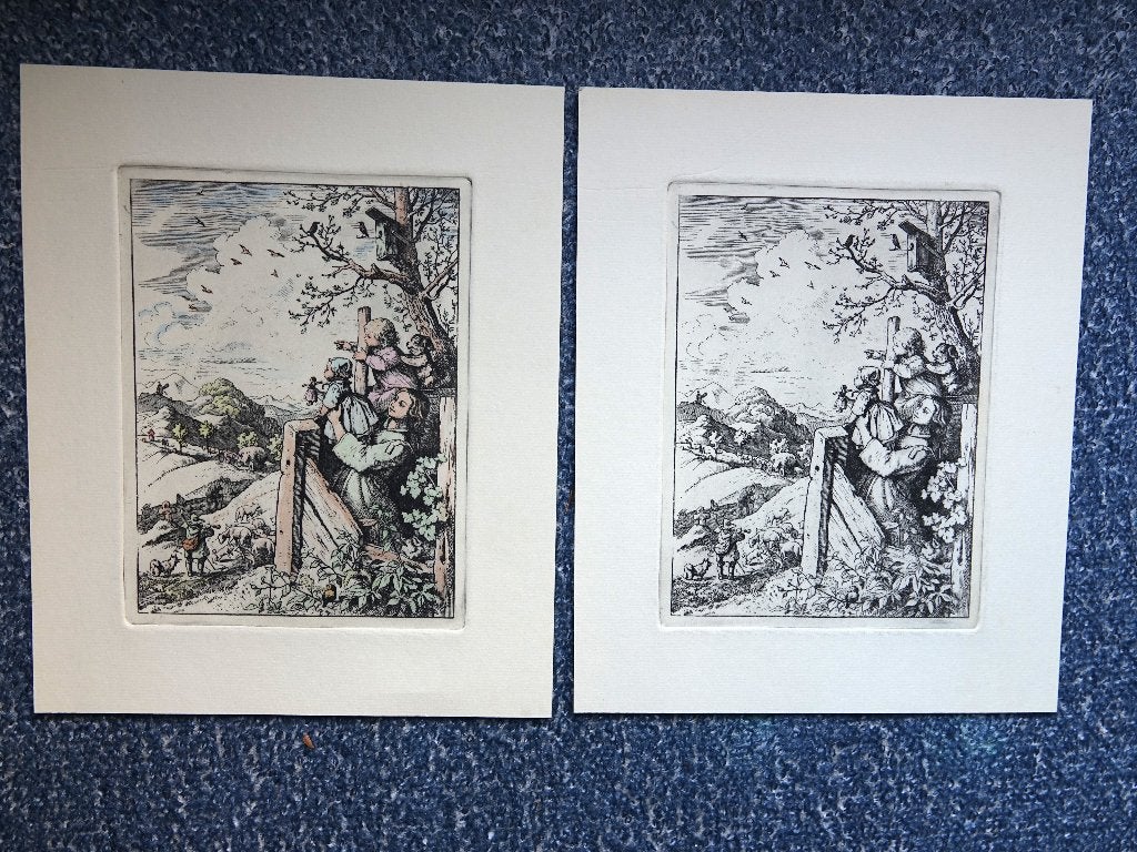 2 gravures 1x zwart/wit en 1x kleur, Ophalen of Verzenden, Gravure, Dubbele gravure