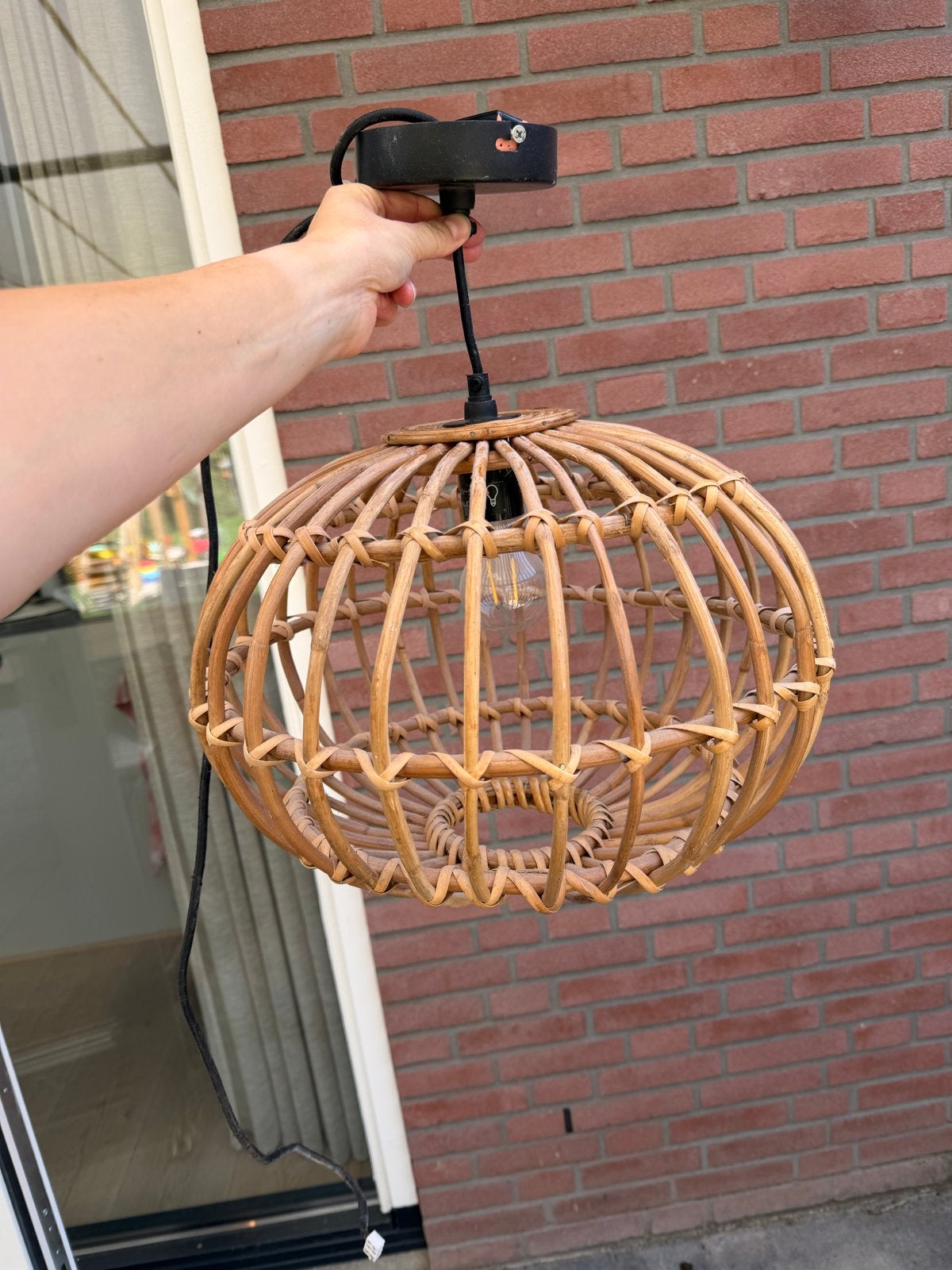 Rotan hanglamp - Boheemse stijl bamboe, Ophalen, Zo goed als nieuw, Natuurlijk materiaal, E27 (groot)