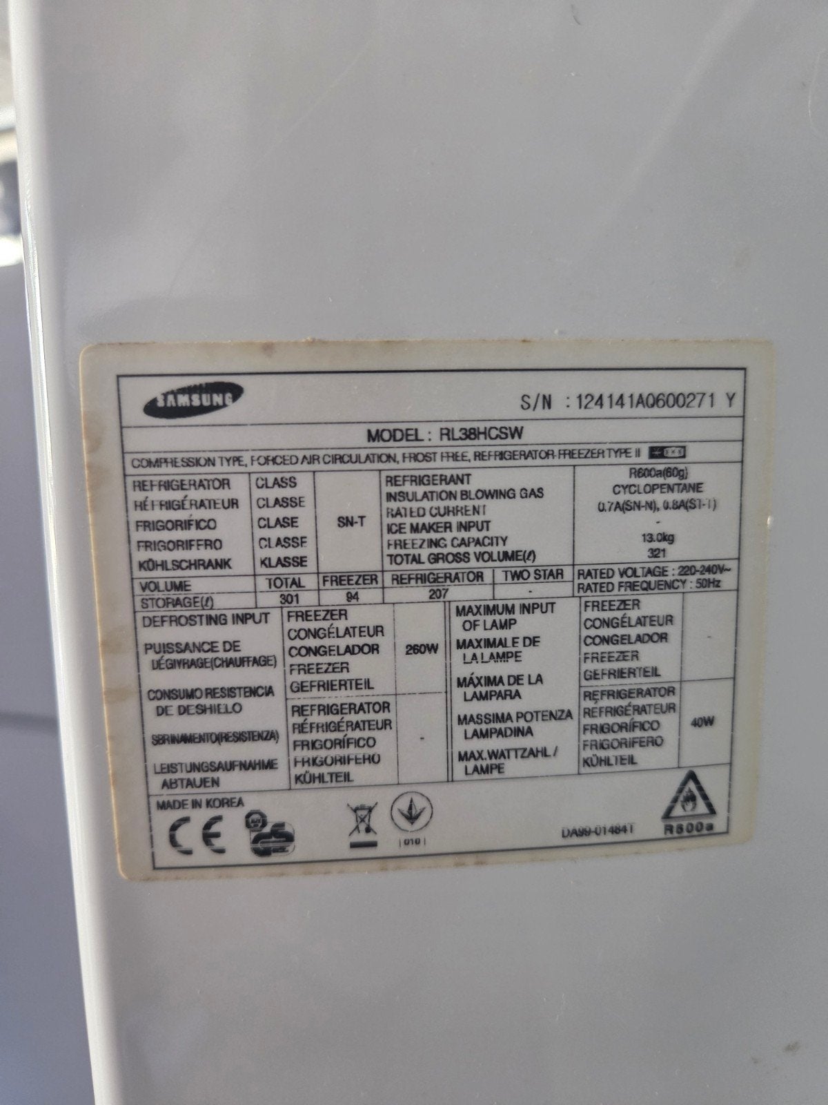 Samsung Koel-vriescombinatie RL38HCSW No Frost, Ophalen, Gebruikt, 200 liter of meer, 60 cm of meer
