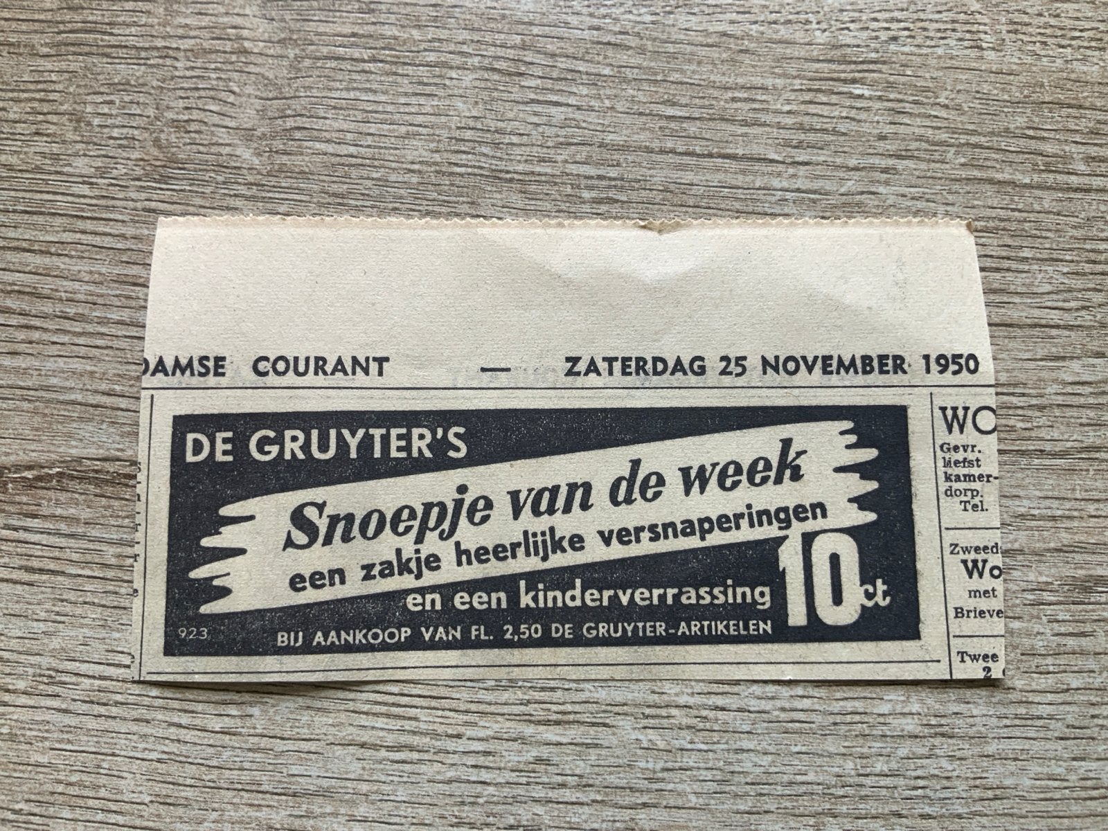 De Gruyter's Snoepje van de week.Oude advertentie 1950, Ophalen of Verzenden