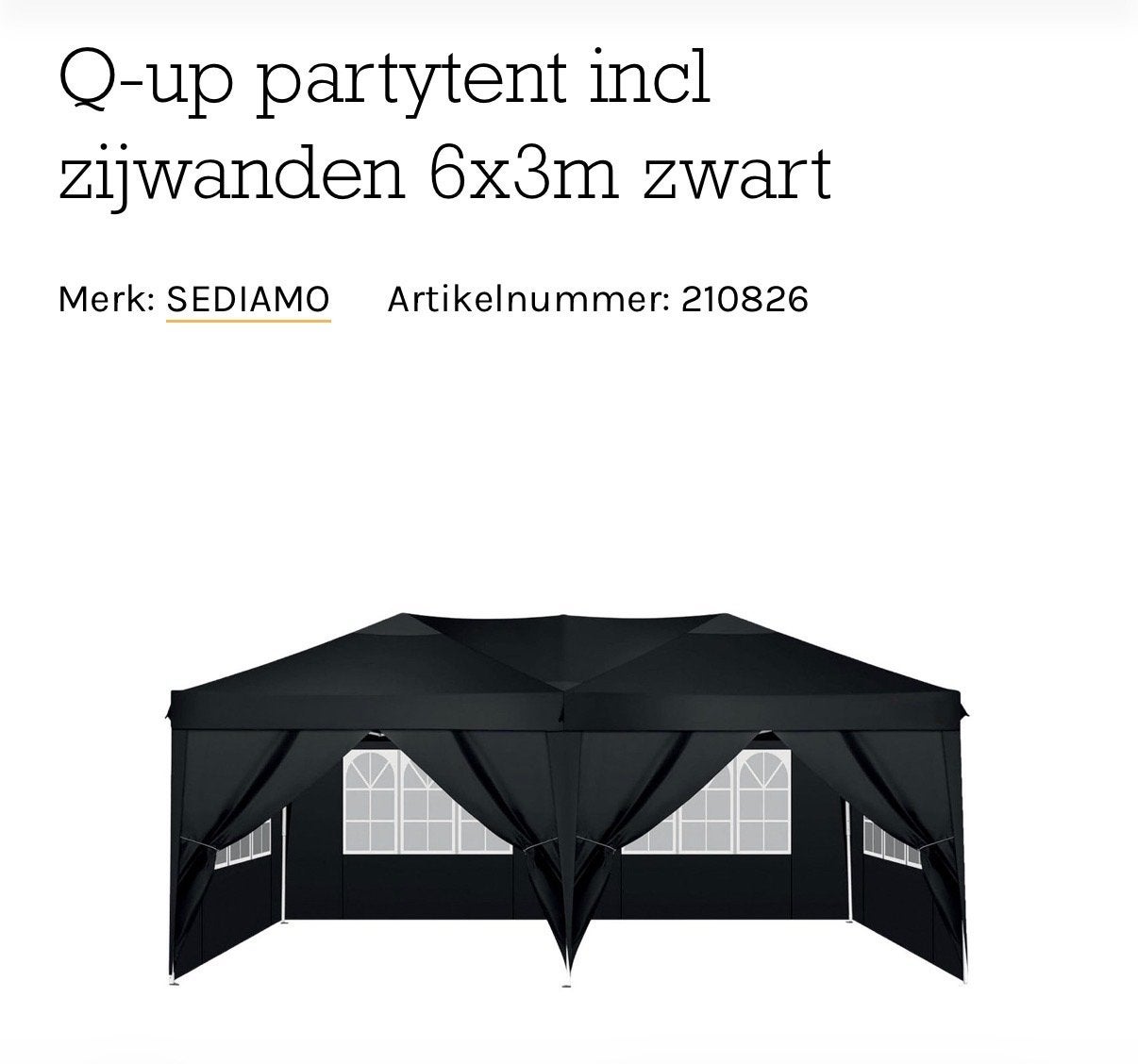 SEDIAMO Quick Up Partytent 3x6m Zwart - Zo goed als nieuw, Ophalen, Opvouwbaar, Partytent, Minder dan 4 meter
