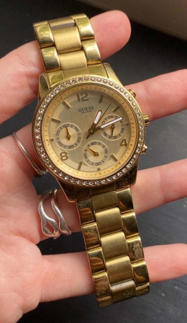 Gouden Guess Dameshorloge met Strass, Gebruikt, Staal, Guess, Polshorloge