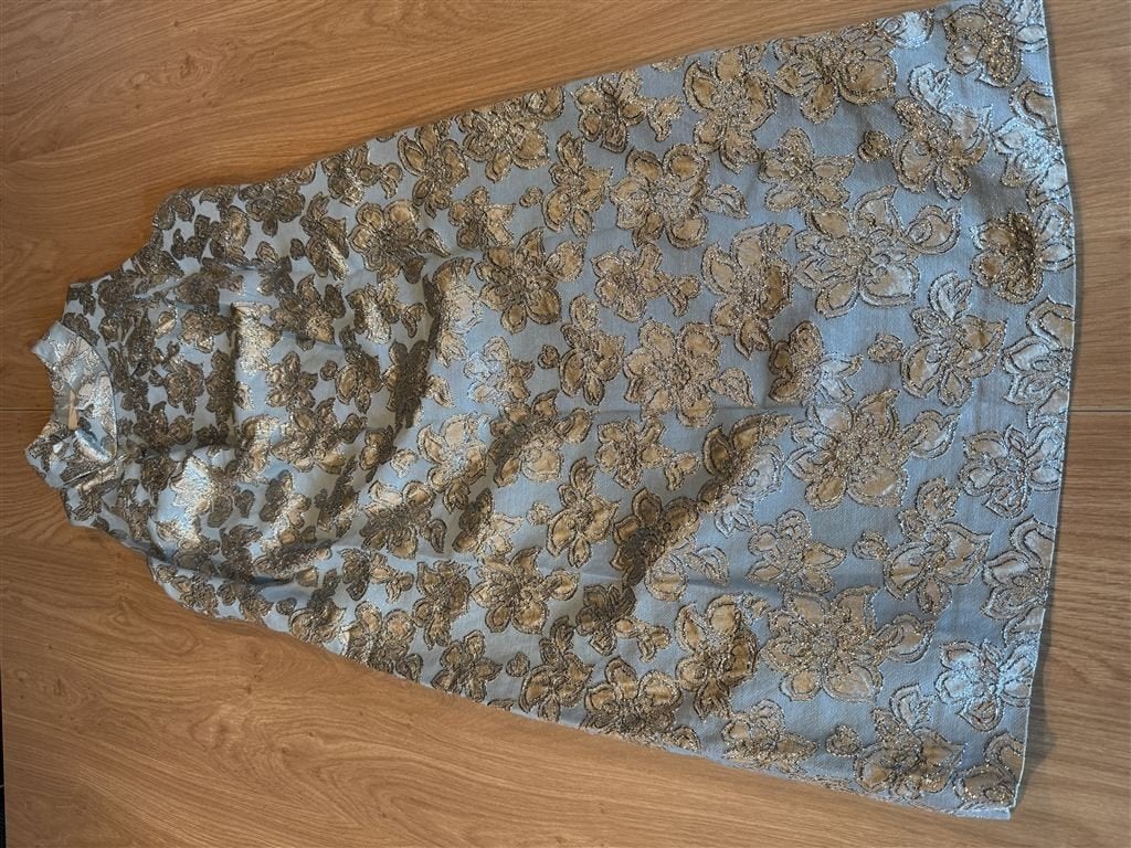vintage blauw zilver bloemen jurk maat 42, Maat 42/44 (L), Zo goed als nieuw, Knielengte, Verzenden